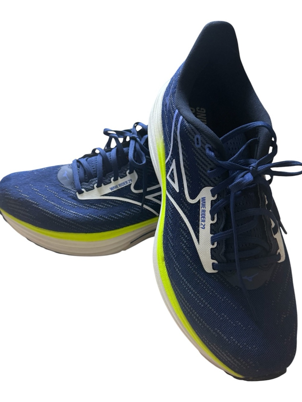 Mizuno Wave Rider 29 navy running shoes men with bright yellow-green midsole
